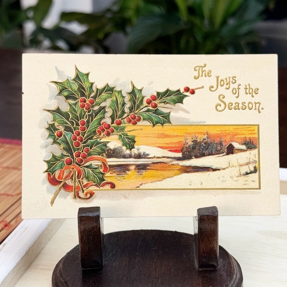 1909 Christmas Postcard of Holly by a Snowy River Scene Antique Paper Ephemera